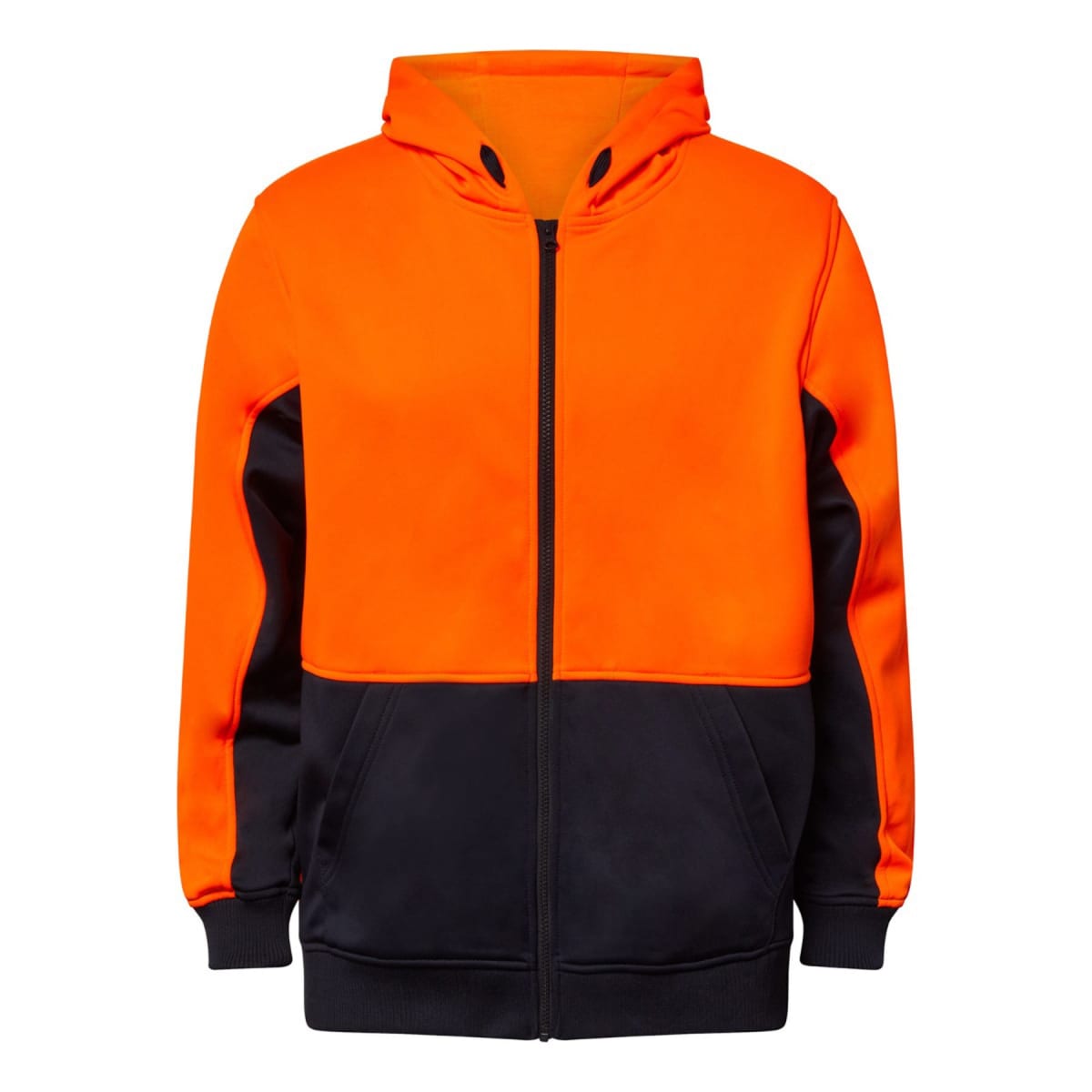 Orange and black hoodie with a front zipper.
