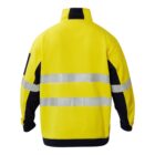 Back view of a yellow high-visibility jacket with reflective stripes.