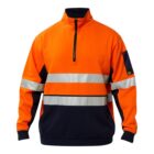 Bright orange and navy work jacket with reflective white stripes and a half-zip collar.