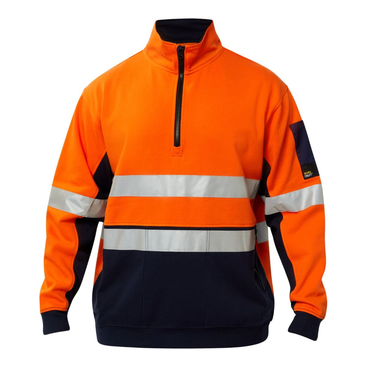 Bright orange and navy work jacket with reflective white stripes and a half-zip collar.