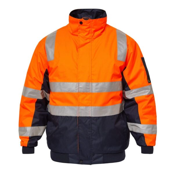 Orange and navy high-visibility jacket with reflective stripes.