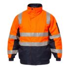 Bright orange and dark blue safety jacket with reflective stripes.