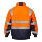 Bright orange and navy jacket with silver reflective stripes, viewed from the back.