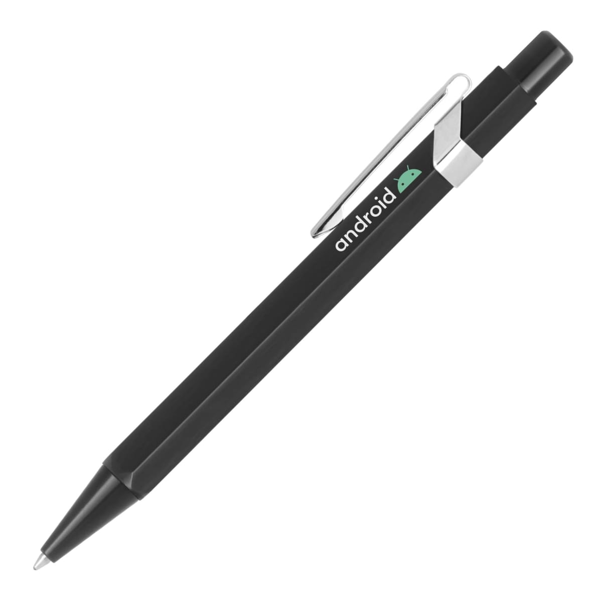 A black pen with a silver clip and the Android logo and text printed near the top. The pen features a click mechanism and a sleek design.