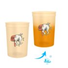 Two plastic cups with a dog and mailbox graphic, one light yellow, one orange with ice symbols.