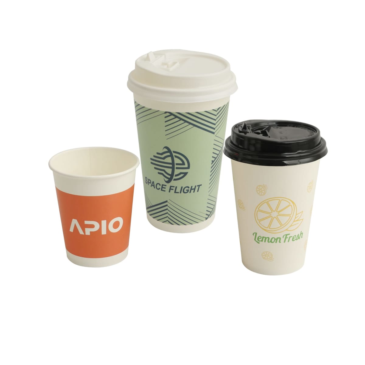 Three branded paper cups with distinct designs and logos on a white background.