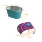Two oval tubs with dimensions; one teal and one purple with a star.