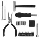 Tool set with pliers, hammer, screwdrivers, and assorted socket bits.