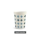 Cup with blue and white circular pattern labeled Heat transfer.