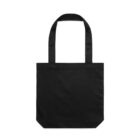 Plain black fabric tote bag with two handles, displayed on a white background.