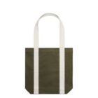 Green tote bag with white handles and white vertical stripes on the front.