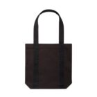 A plain black tote bag with two long handles against a white background.