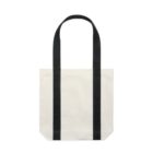 White tote bag with two long black handles against a plain white background.