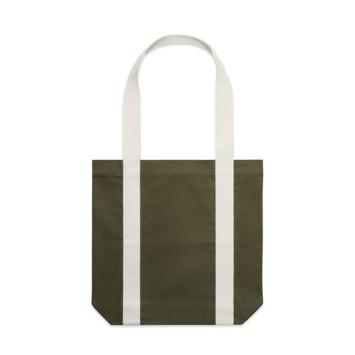 Olive green tote bag with long white handles and white vertical stripes.