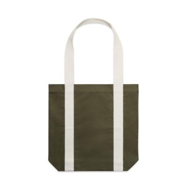 Olive green tote bag with wide white handles and vertical white stripes.