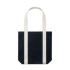 Black tote bag with two long white handles and vertical white stripes.