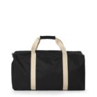 Black duffel bag with cream-colored handles against a plain white background.