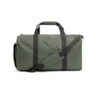 Olive green duffel bag with black handles and an adjustable black shoulder strap.