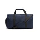 Navy blue duffel bag with black handles and an adjustable shoulder strap.