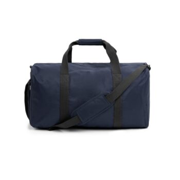 Navy blue duffel bag with black handles and an adjustable shoulder strap.