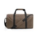A brown duffel bag with black handles and an adjustable shoulder strap on a white background.