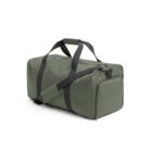 Green duffel bag with black straps and a side pocket, shown on a white background.