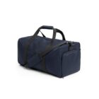 A navy blue duffel bag with black straps and a side pocket on a white background.