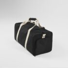 Black duffel bag with cream-colored straps on a plain white background.