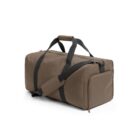 A brown duffel bag with black straps and a zippered side pocket on a white background.