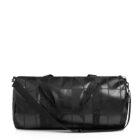 Black duffel bag with geometric patterns, two handles, and an adjustable shoulder strap.