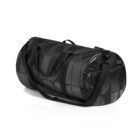 Black duffel bag with geometric pattern and detachable shoulder strap on a white background.