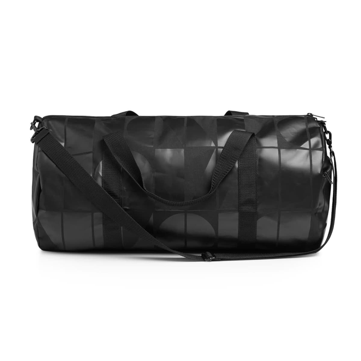 Black duffel bag with handles and a shoulder strap, featuring a subtle geometric pattern.