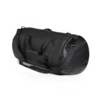 Black duffel bag with handles and a shoulder strap on a white background.