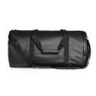 Black duffel bag with handles and a shoulder strap against a white background.