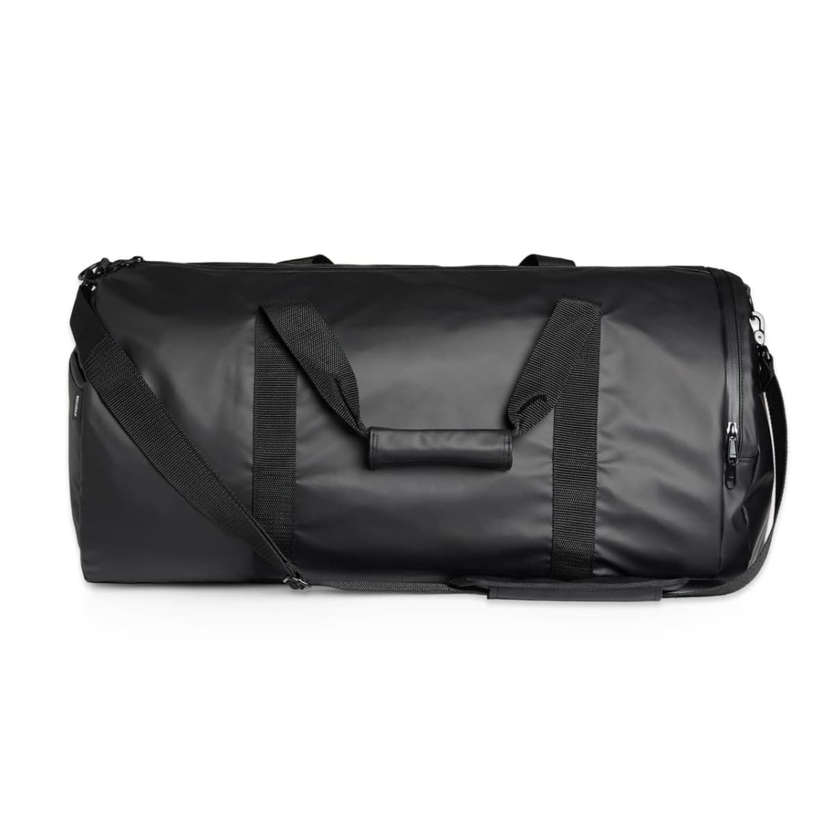 Black duffel bag with handles and a shoulder strap against a white background.