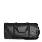 A black duffel bag with handles and a shoulder strap on a white background.