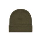 Olive green knit beanie hat with a folded brim, displayed on a white background.