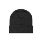 A plain, dark gray knit beanie hat with a folded brim, shown on a white background.