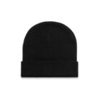 A plain black knit beanie with a folded brim on a white background.
