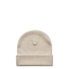Beige knit beanie hat with a folded brim, displayed on a white background.