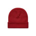 A plain red knit beanie hat with a folded cuff, displayed on a white background.