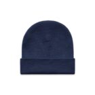 A plain navy blue knit beanie hat with a folded brim, displayed on a white background.