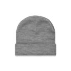 A plain gray knit beanie hat with a folded brim on a white background.