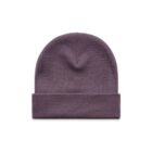 Purple knit beanie hat with a folded brim, displayed against a white background.