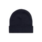 A plain black knit beanie hat with a folded brim on a white background.