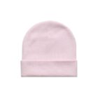 Light pink knit beanie hat with a folded brim, displayed on a white background.