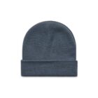 A plain dark gray knit beanie hat with a folded brim on a white background.