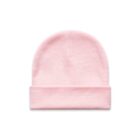 Light pink knit beanie hat with a folded brim, displayed on a white background.