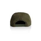 Olive green baseball cap viewed from the back, showing an adjustable snap closure.