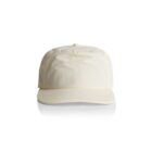Front view of a plain, off-white baseball cap on a white background.